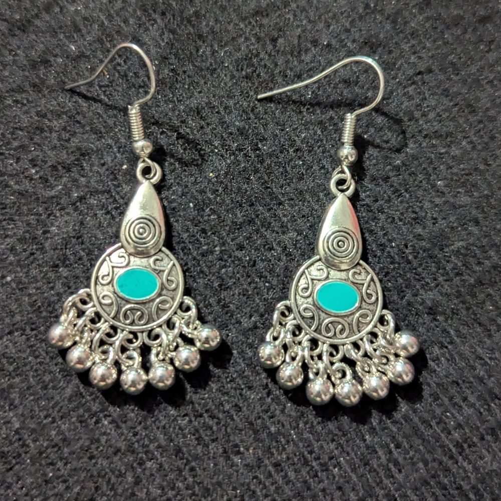 Silver Tone Turquoise Blue Dangle Statement Earrings